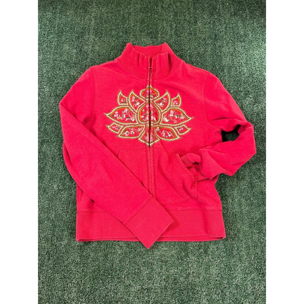 Lucky Brand Women's Red Embroidered Lotus Tibet Full-Zip Sweatshirt Size M
